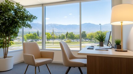 Obraz premium Modern office with two chairs and desk facing large windows with a mountain view.