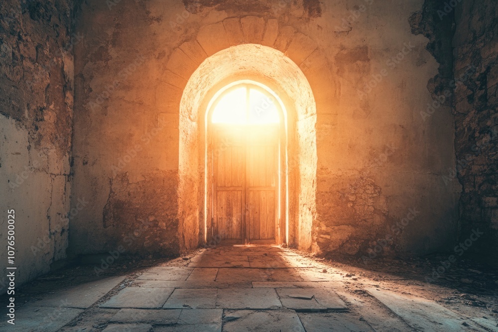 Poster a doorway with a warm glow emanating from the other side, perfect for use in images about entrance, 