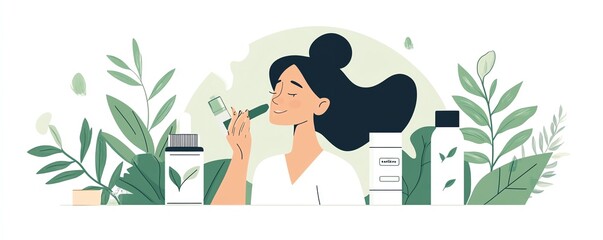 Person using sustainable skincare, earthfriendly routine, flat design illustration