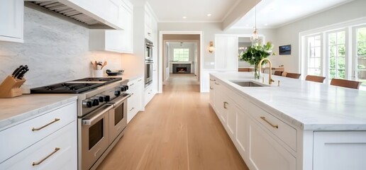Fototapeta premium Modern white kitchen with marble countertops, stainless steel appliances, and gold fixtures.