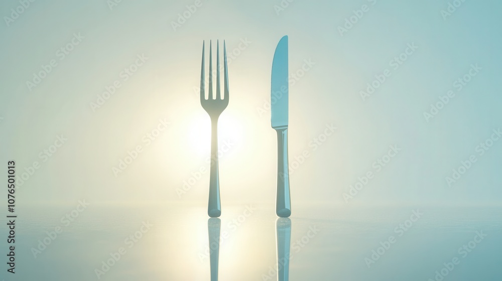 Poster fork and knife placed side by side on a light background with a soft reflection
