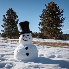 Obraz premium a snowman with a top hat, on a snowy hill with pine trees.