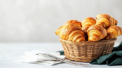 Fresh Croissants in a Basket at a Bakery