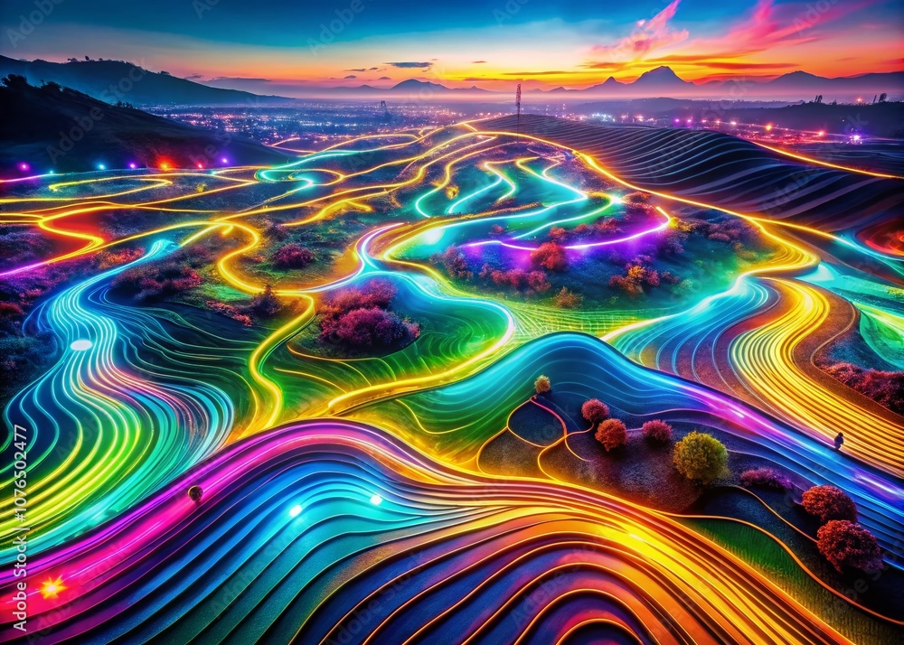 Poster mesmerizing aerial photography of fluid geometric landscape with vibrant neon colors, creating a hyp