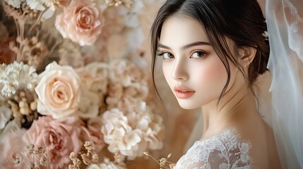 Naklejka premium Portrait of a Bride with Flowers and Veil