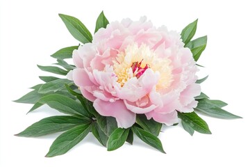 A single pink peony flower on a white background, surrounded by green leaves