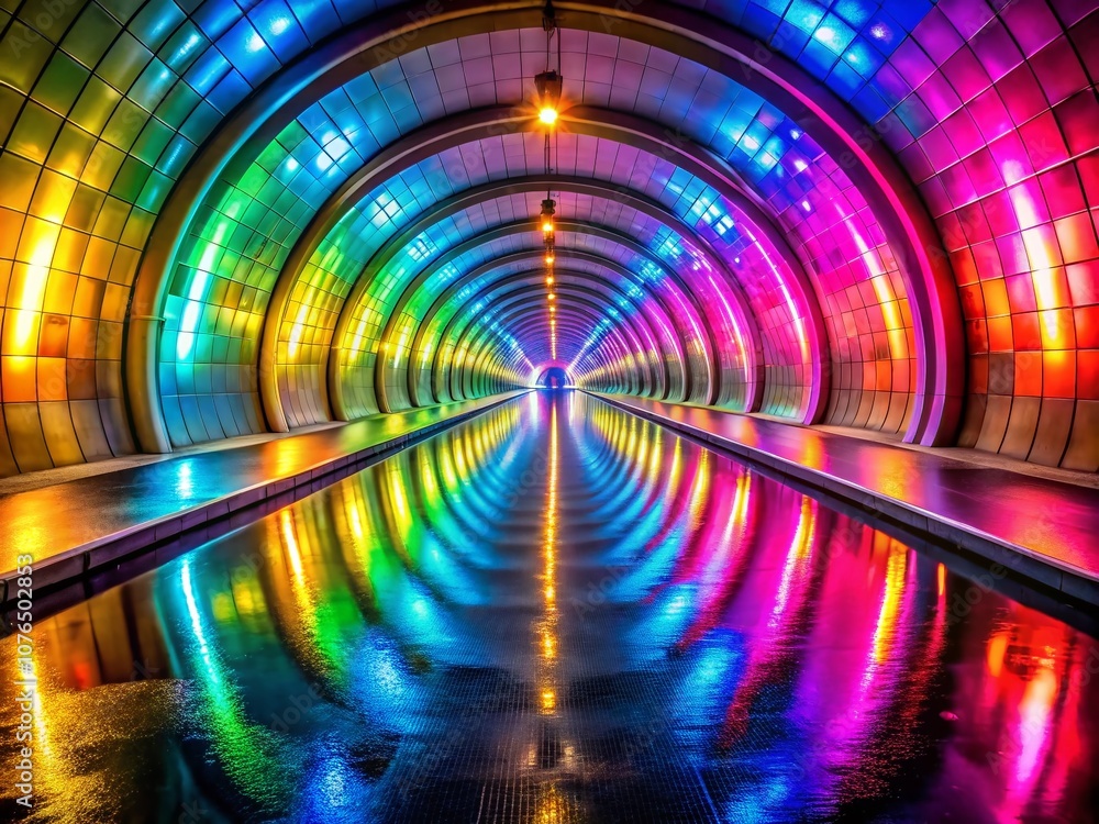 Poster mesmerizing long tunnel bathed in bright lights with stunning reflections and depth, creating a uniq