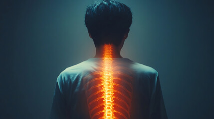 Medical illustration of man with glowing spine, depicting back pain and discomfort. image captures essence of pain management and health awareness
