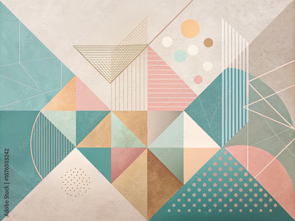 Poster minimalist abstract art composition with soft pastel colors and geometric shapes in right position, 