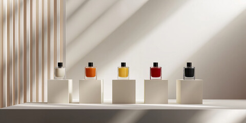 Minimalist perfume display with multiple fragrance bottles on podiums under soft natural light in luxury product showcase