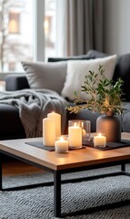 Scented candles on a coffee table in a living room with a grey couch and a vase of greenery.