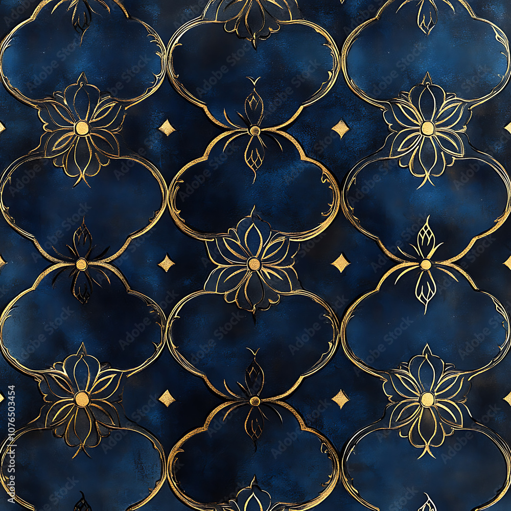 Poster dark luxurious background design featuring intricate floral patterns in gold and deep blue tones, cr