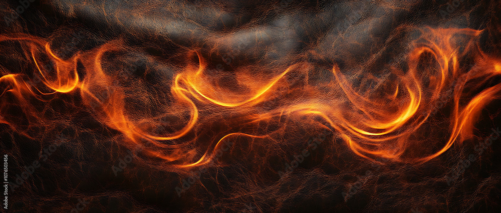 Poster curved flames pattern printed on brown leather, creating dynamic and fiery design that evokes warmth