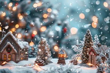 Obraz premium A charming Christmas village scene with colorful lights and trees