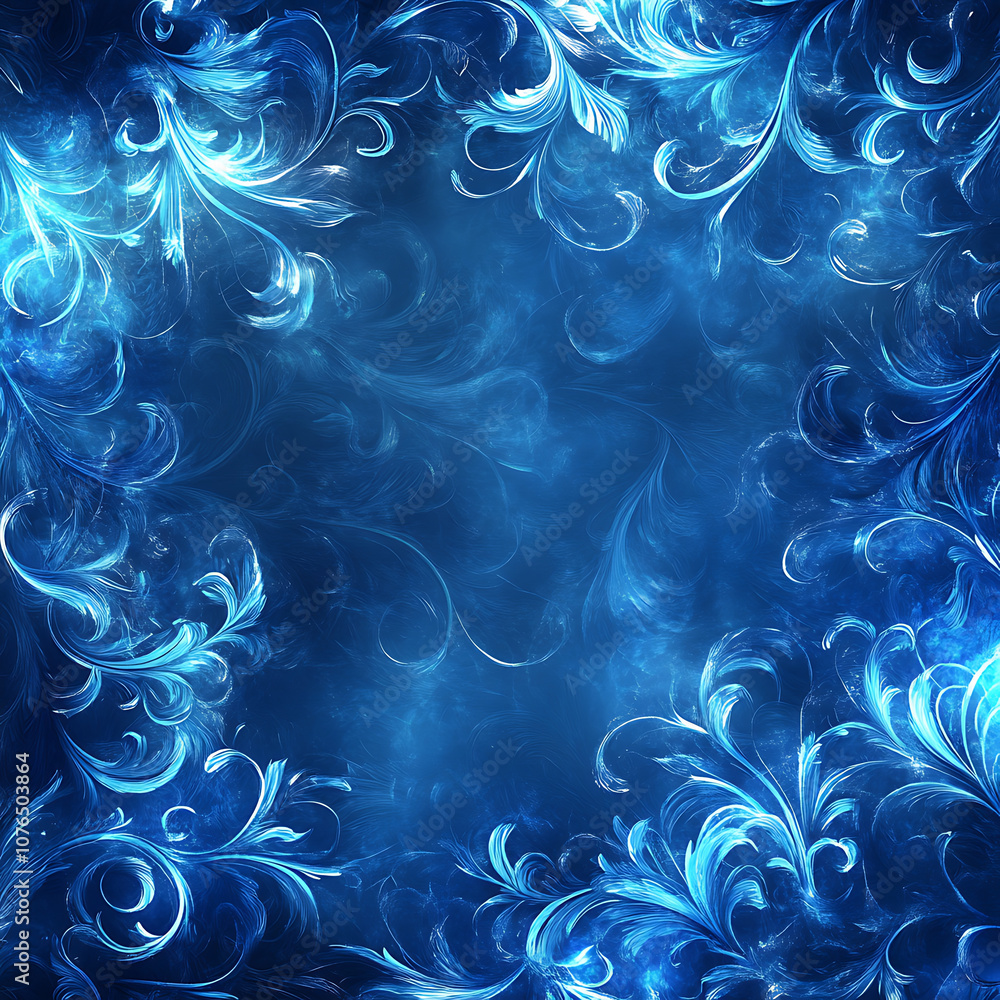 Poster rich blue tones with intricate filigree patterns create stunning background, evoking sense of elegan