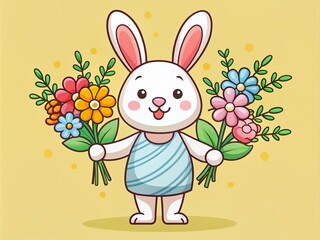 Fototapeta premium Minimalist Cartoon Rabbit Holding a Bouquet of Flowers for a Happy Birthday Greeting Card in a Whimsical Style