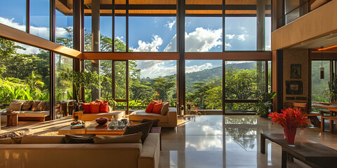 Contemporary open space with glass windows, showcasing lush landscape views
