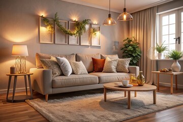 Minimalist Cozy Living Room in Neutral Tones Featuring Comfortable Couch, Soft Pillows, and Inviting Decor Perfect for Interior Design Inspiration and Home Styling Ideas