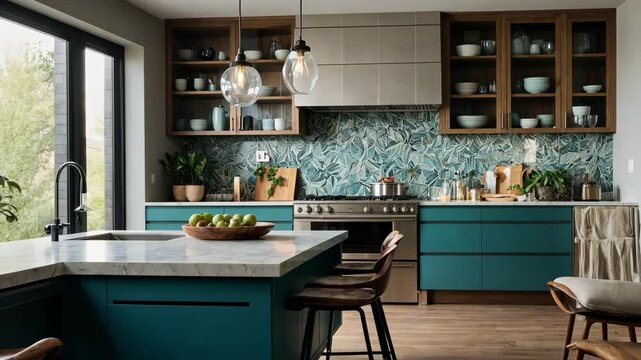 Video footage of Modern kitchen with teal cabinets, open shelving, marble countertops, and a patterned backsplash