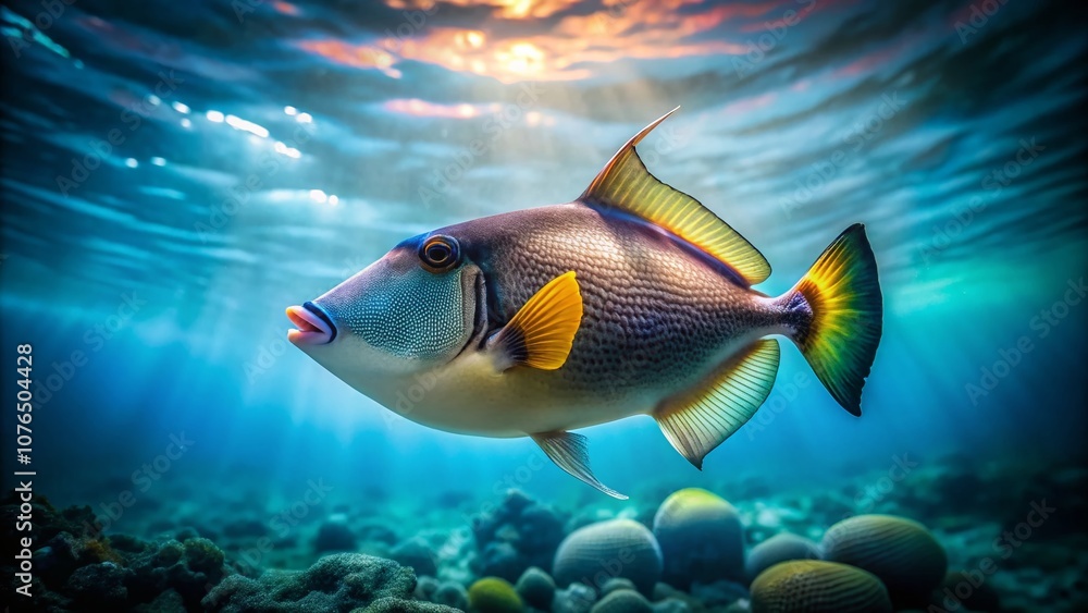 Poster minimalist depiction of a triggerfish queen in serene ocean waters, emphasizing colorful patterns an