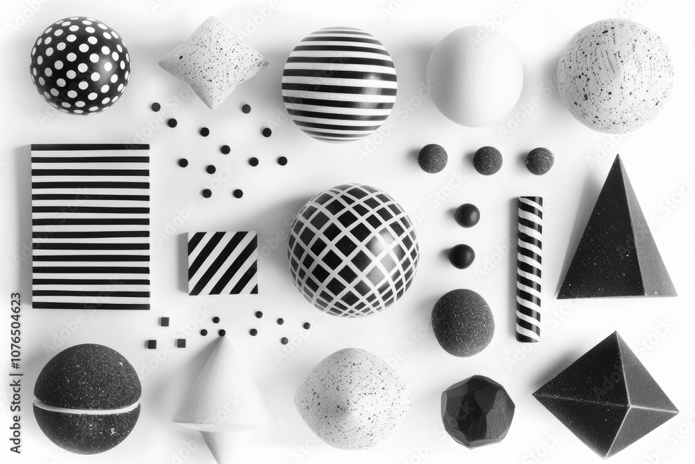 Poster A collection of various black and white objects arranged on a white surface