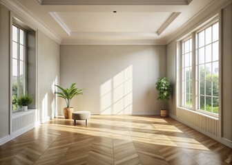 Minimalist Empty Room Mockup with Light Walls and Wooden Floor for Creative Designs and Presentations, Ideal for Showcasing Furniture or Interior Concepts in 3D Rendering