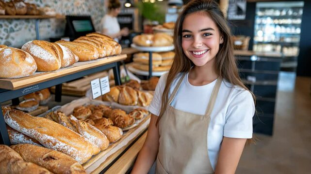 pretty young woman pastry chef and shop owner with , smiling at her bakery shop