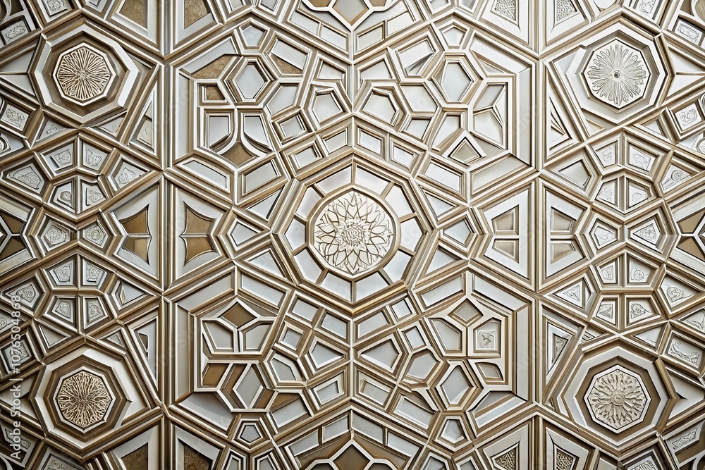 Poster minimalist geometric abstract octagonal background in silver and white with modern ornament patterns