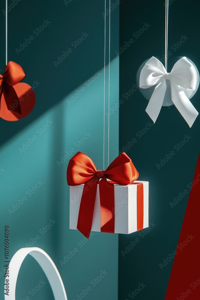 Poster a gift box wrapped with a red bow and suspended from strings