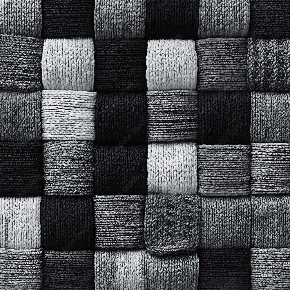 Poster knitted squares in shades of black, white, and gray create seamless pattern, showcasing texture and 