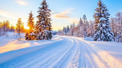 Obraz premium breathtaking view of snowy winter landscape with winding road, surrounded by snow covered trees and vibrant sunset sky. serene scene evokes sense of adventure and tranquility