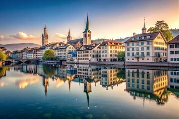 Obraz premium Minimalist Panorama of Zurich Skyline Reflected in Linth River, Emphasizing Architectural Beauty and Tranquility in Switzerland's Urban Landscape
