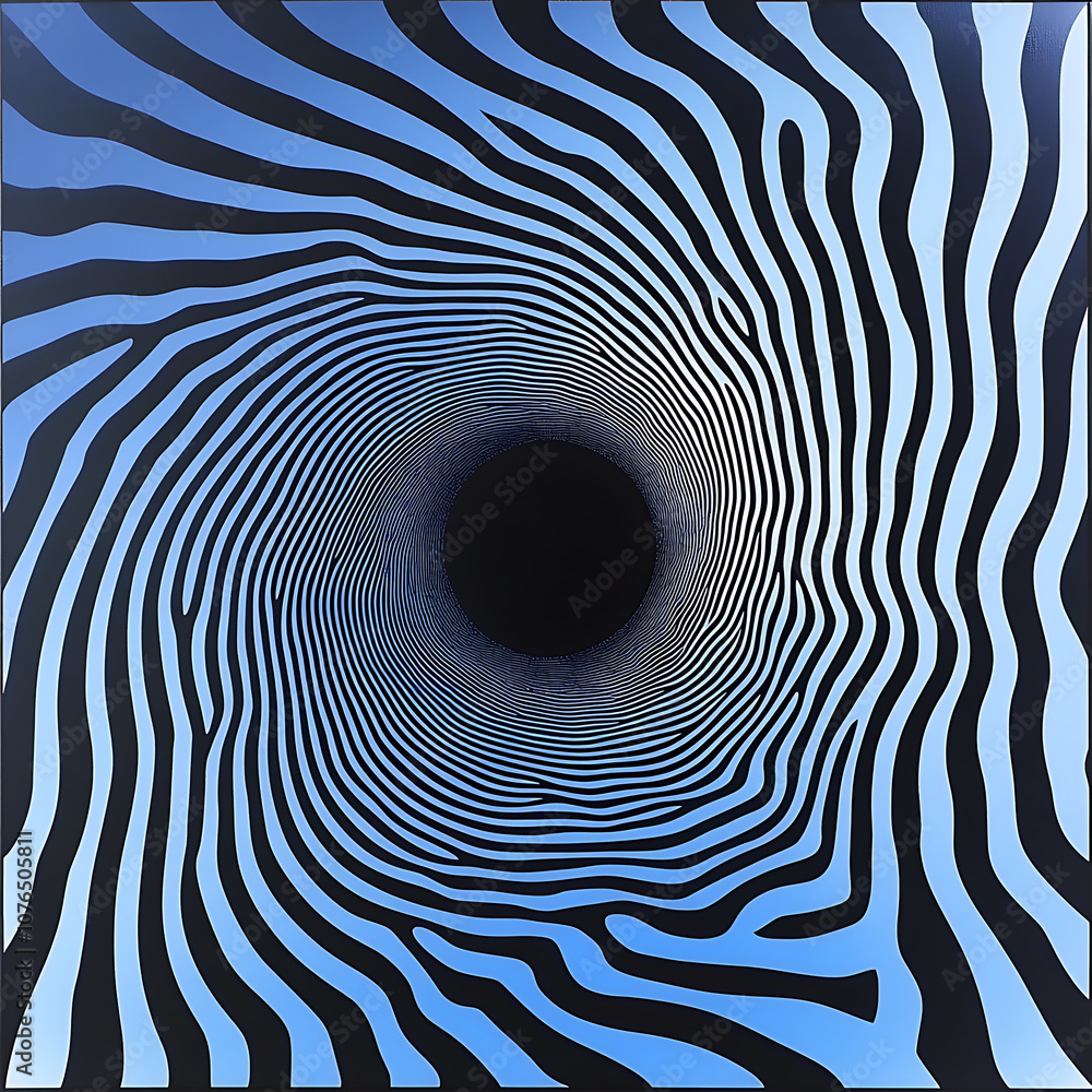 Poster hypnotic rotating pattern with black and blue stripes creating depth. design draws viewer eye into c