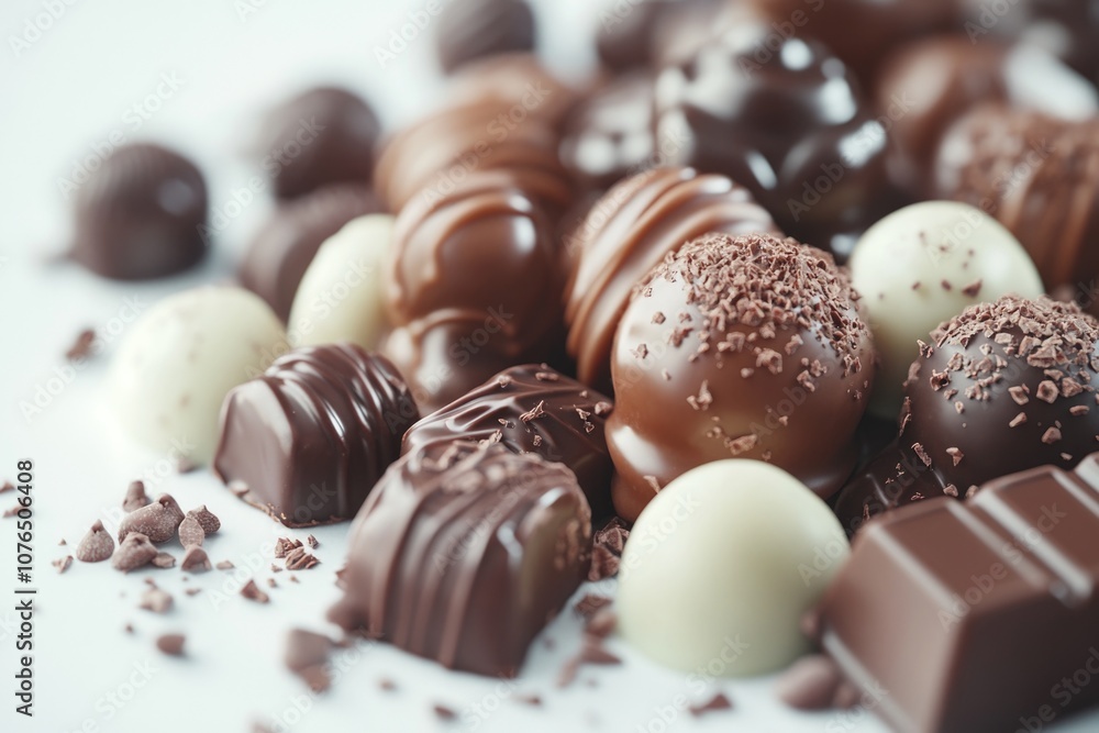 Poster A selection of assorted chocolates arranged neatly on a clean white surface
