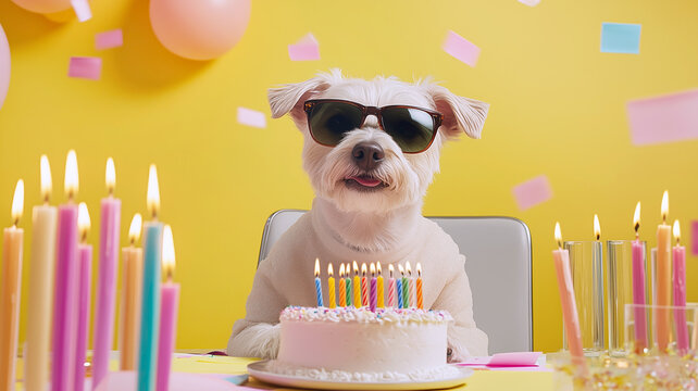 Cool dog in sunglasses celebrating birthday with cake and candles