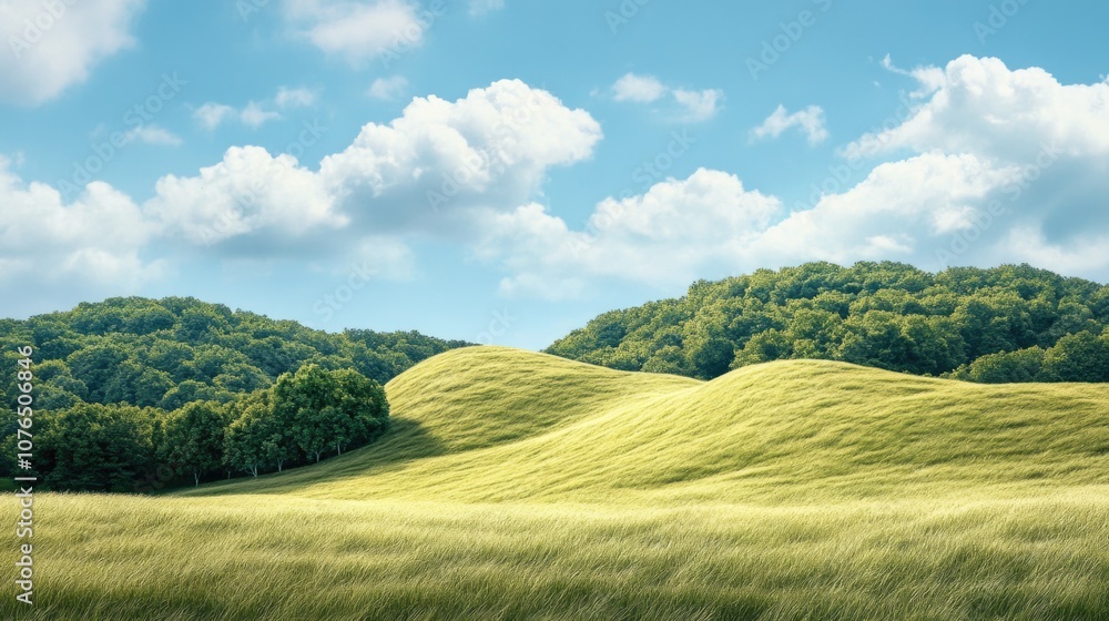 Poster a serene landscape image featuring a green field with trees in the background