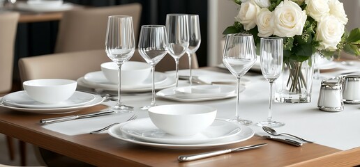 White plates and glasses set on a wooden table with flowers and silverwares.