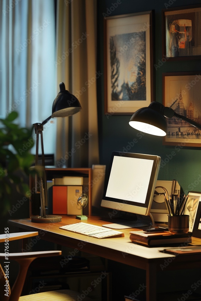Poster A desk setup with a computer and lamp, suitable for office or home use