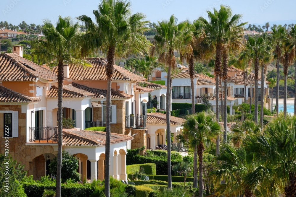 Poster A row of houses surrounded by palm trees, perfect for use as a background or to represent a tropical location