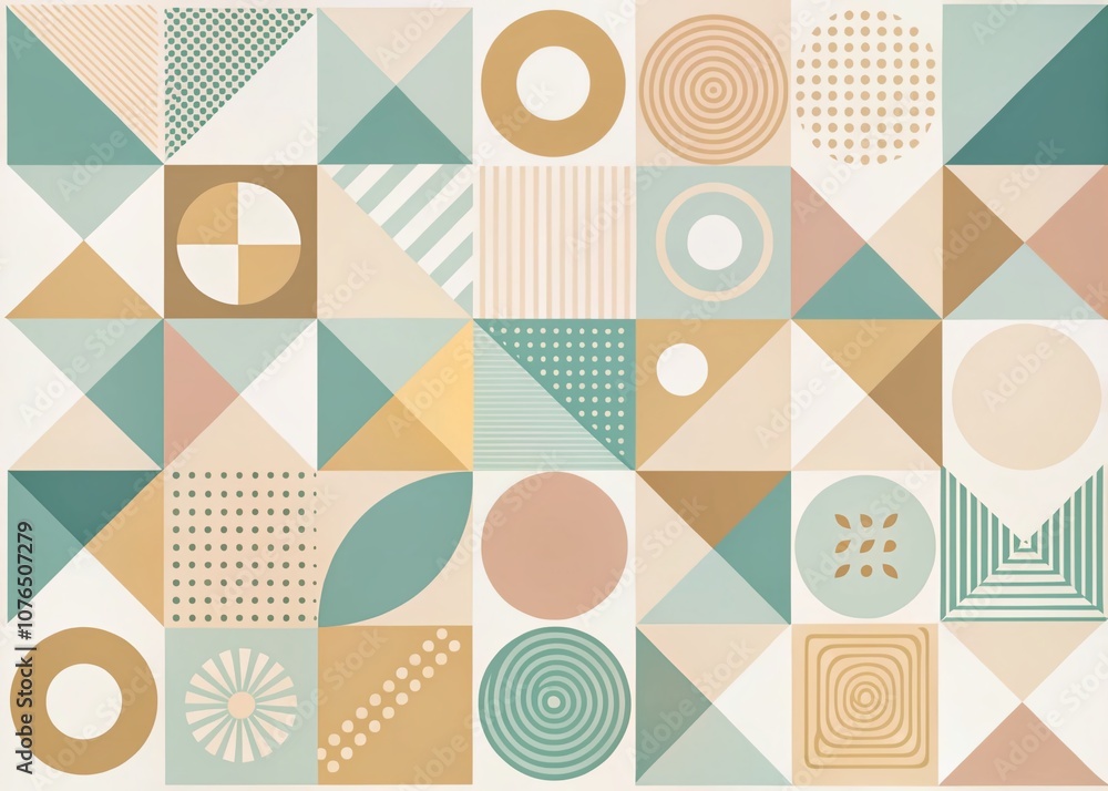 Poster minimalistic abstract geometric background featuring primitive shapes in soft pastel colors for cont