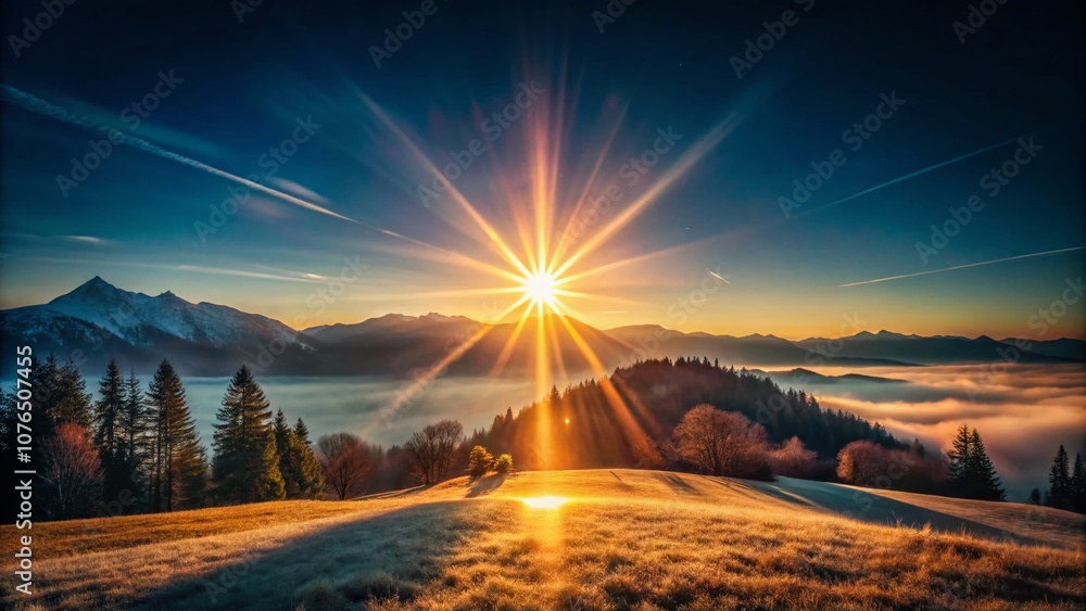 Poster minimalistic landscape photography featuring a simplistic white lens flare effect with central light