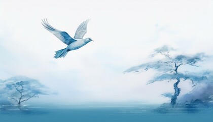 A bird flying freely in the clear sky, oriental painting