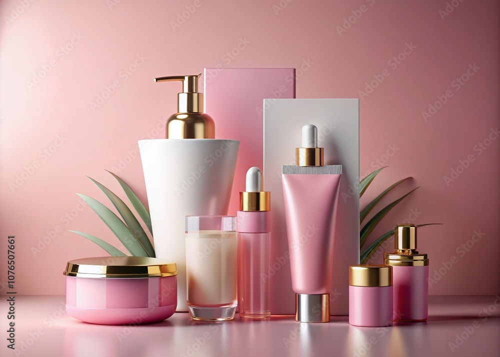 Poster mock up of cosmetic bottles and blank paper for product display on a soft pink background - 3d rende