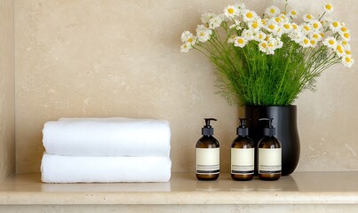 White towels, bottles of liquid soap, and a vase of white flowers on a marble shelf.