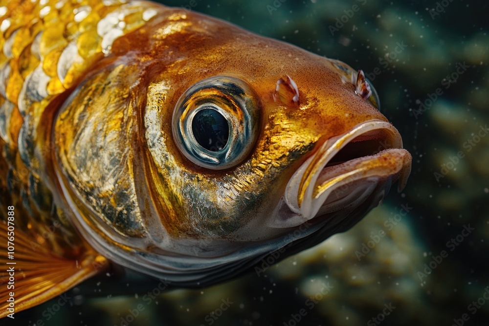 Poster a detailed view of a fish's eye, highlighting its impressive size