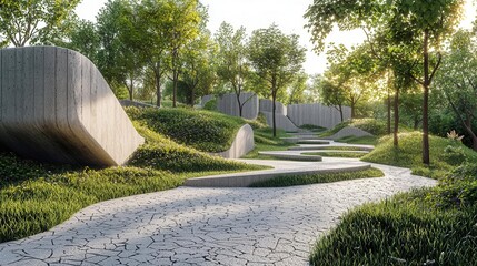 Obraz premium Serene pathway through a lush green landscape featuring modern stone architecture and vibrant foliage under soft sunlight.