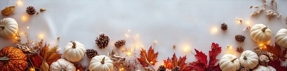 Autumn festive border with pumpkins and leaves