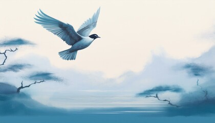 Fototapeta premium A bird flying freely in the clear sky, oriental painting