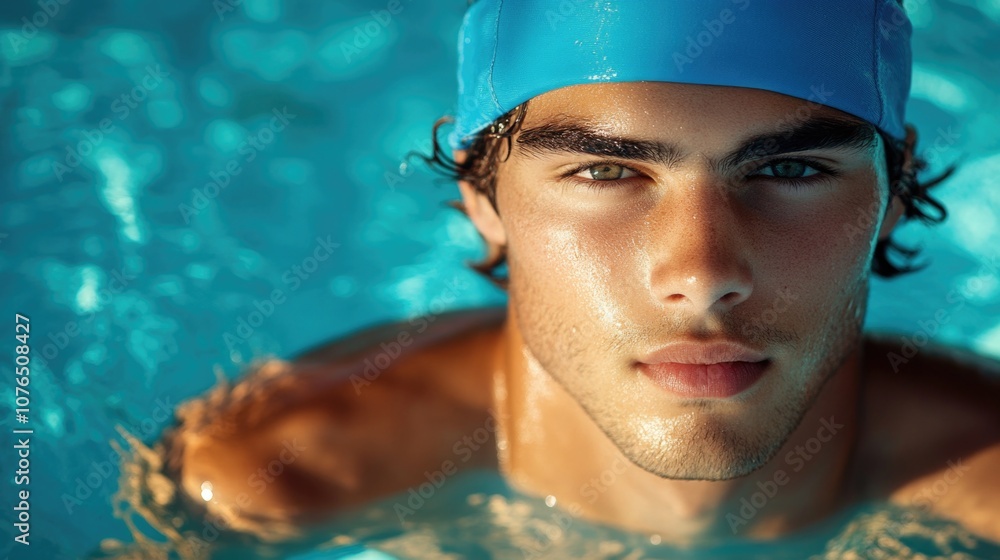 Poster man in swimming cap swimming laps in a pool