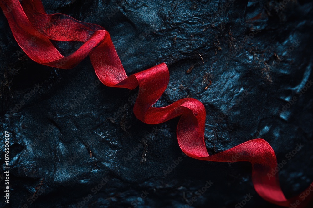 Poster close-up of a red ribbon tied around a rock